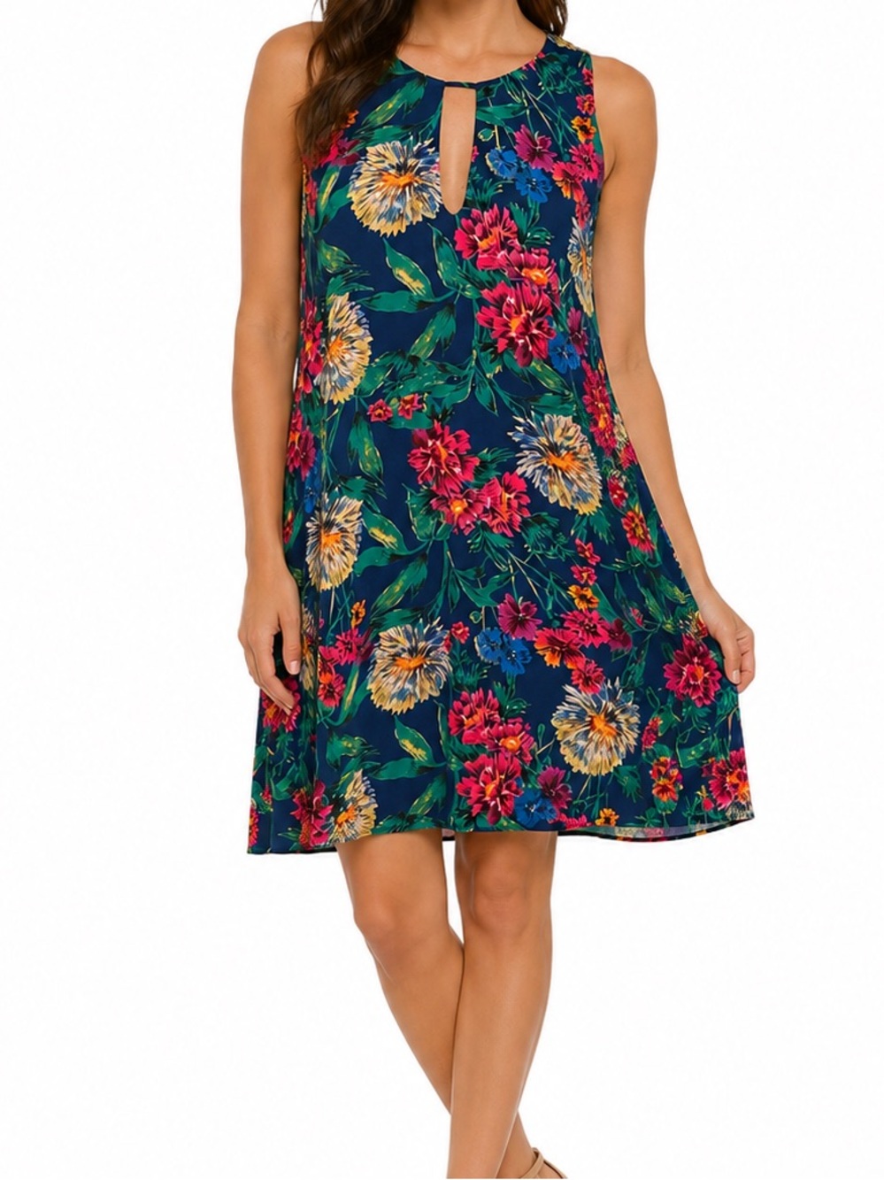 Lavender Brown Navy Floral Silk  Keyhole Swing Mini Dress S